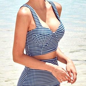 Blue, high-waisted gingham patterned swimsuit